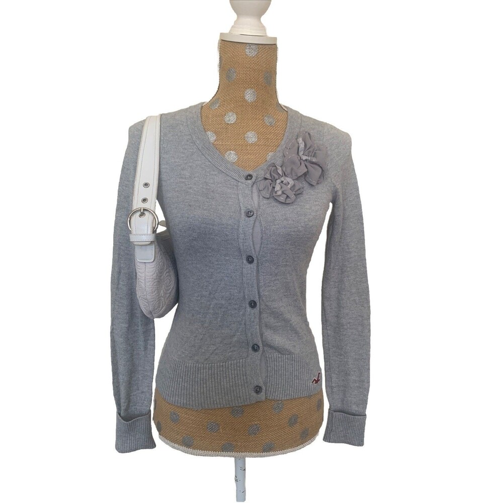 VTG Hollister Y2K Cardigan Sweater Coquette Flower Accent Gray Slim Granny Small